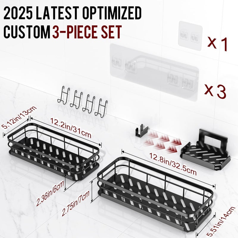 Getsrichfc Large Capacity Shower Caddy, Heavy-Duty Adhesive Shower Organizers with Custom Aesthetic Design Soap, No Drilling Corner Shower Shelves, 5 Hooks for Bathroom Accessories, 3 Pack - Image 2